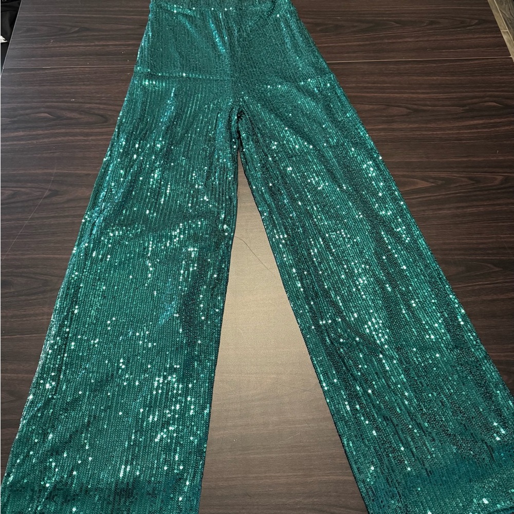 Green Sequin Wide-Leg Pants